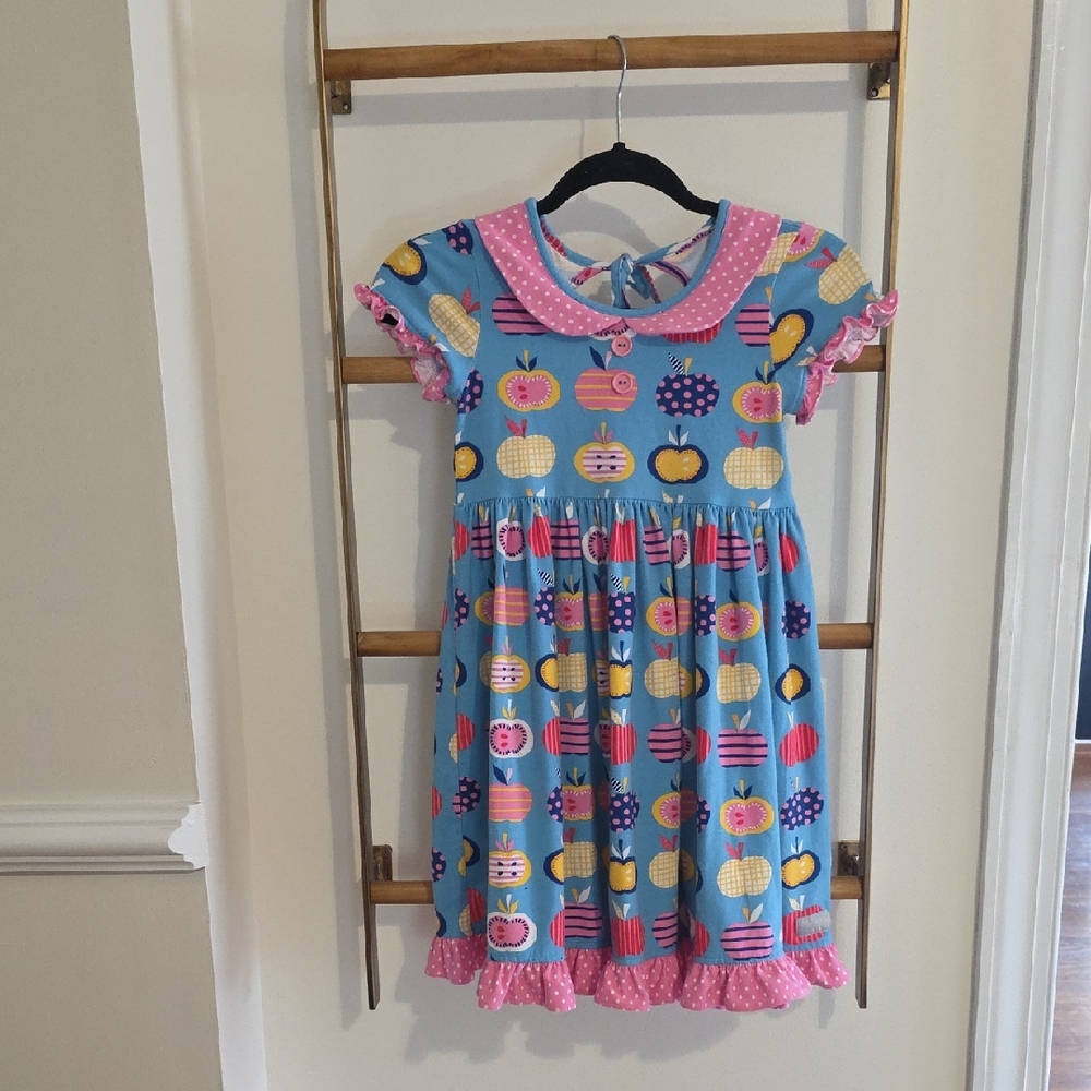 Eleanor Rose Blue Apple-Print Girls' Dress with Pink Trim